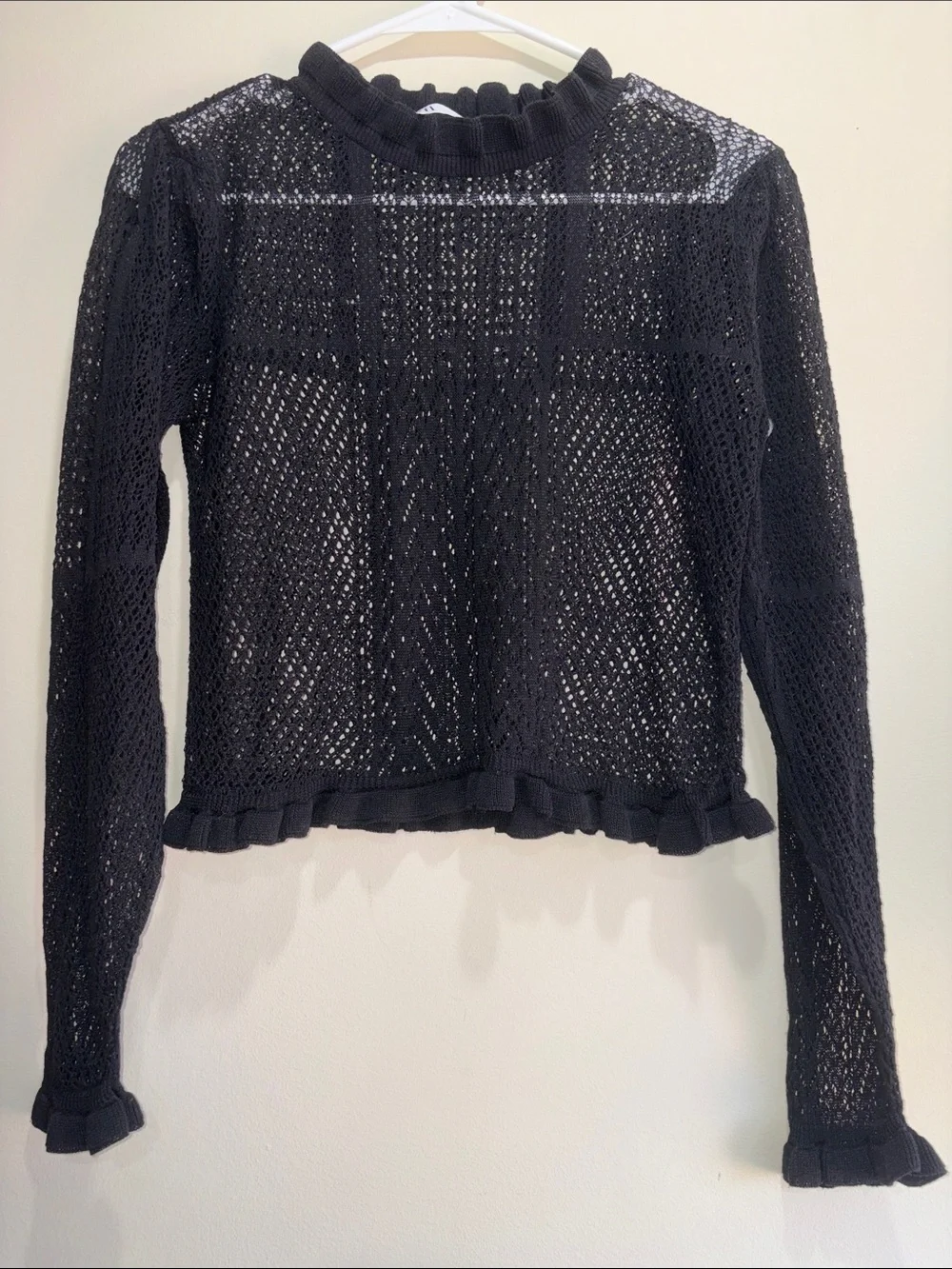 Zara Black Crochet Ruffle-Trim Long Sleeve Top